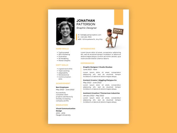 Creative resume design for a graphic designer featuring visual